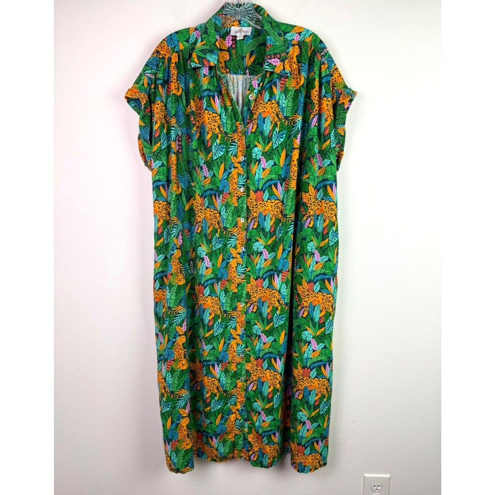 Palms Away Jungle Leopard Print Linen Blend Shirt Dress Safari Tropical Small